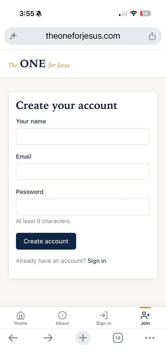 Create your account screen (mobile view)