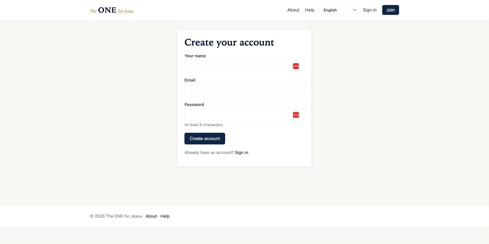 Create your account screen
