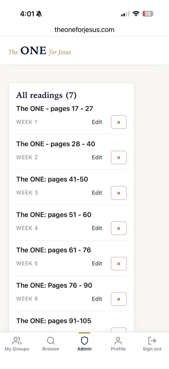Weekly readings list (mobile view)