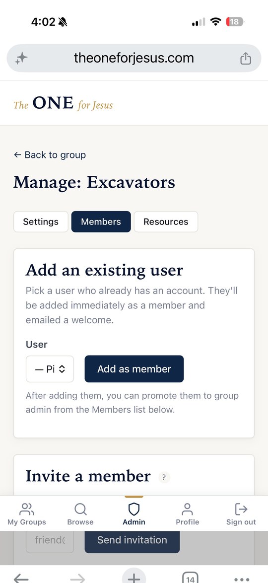 Manage members screen (mobile view)