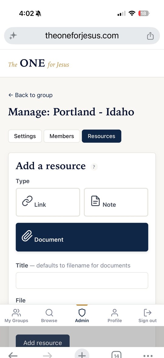 Manage resources screen (mobile view)
