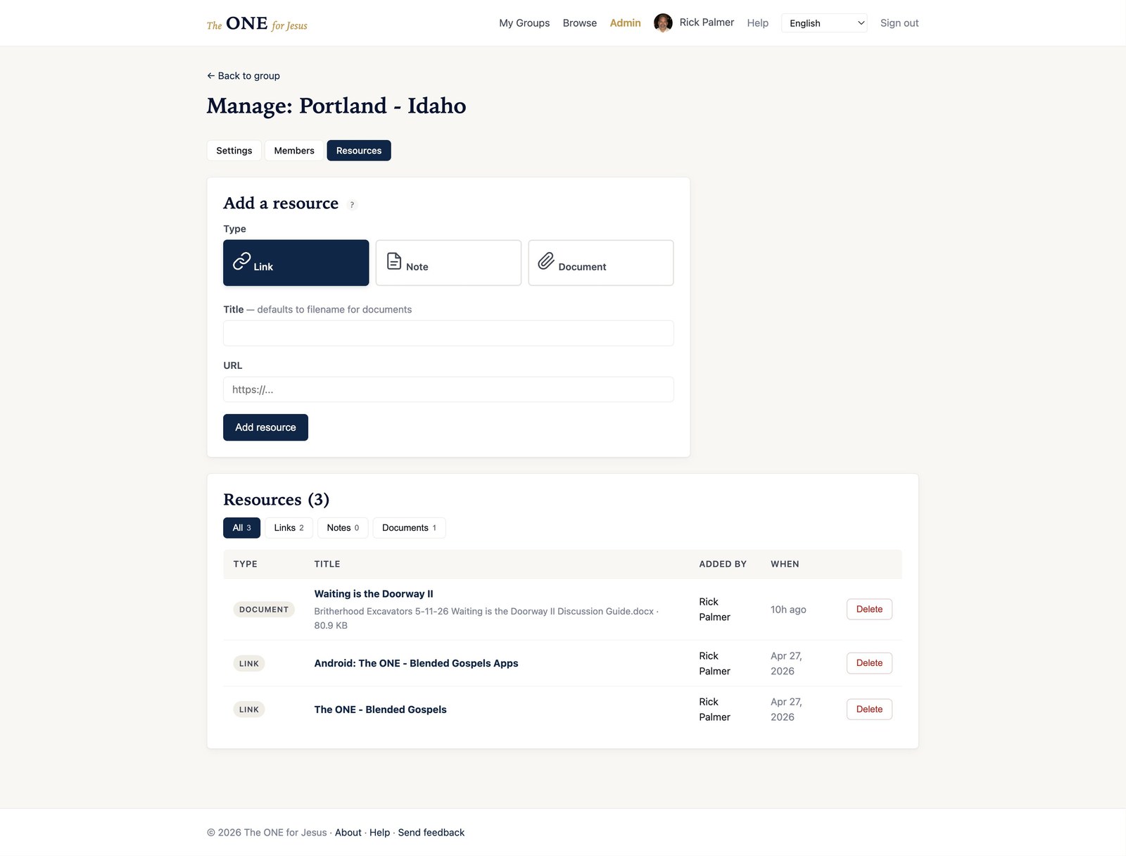 Manage resources screen