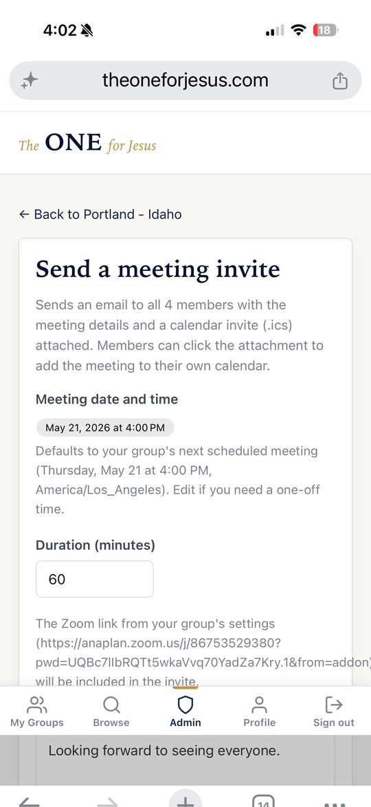 Send meeting invite form (mobile view)