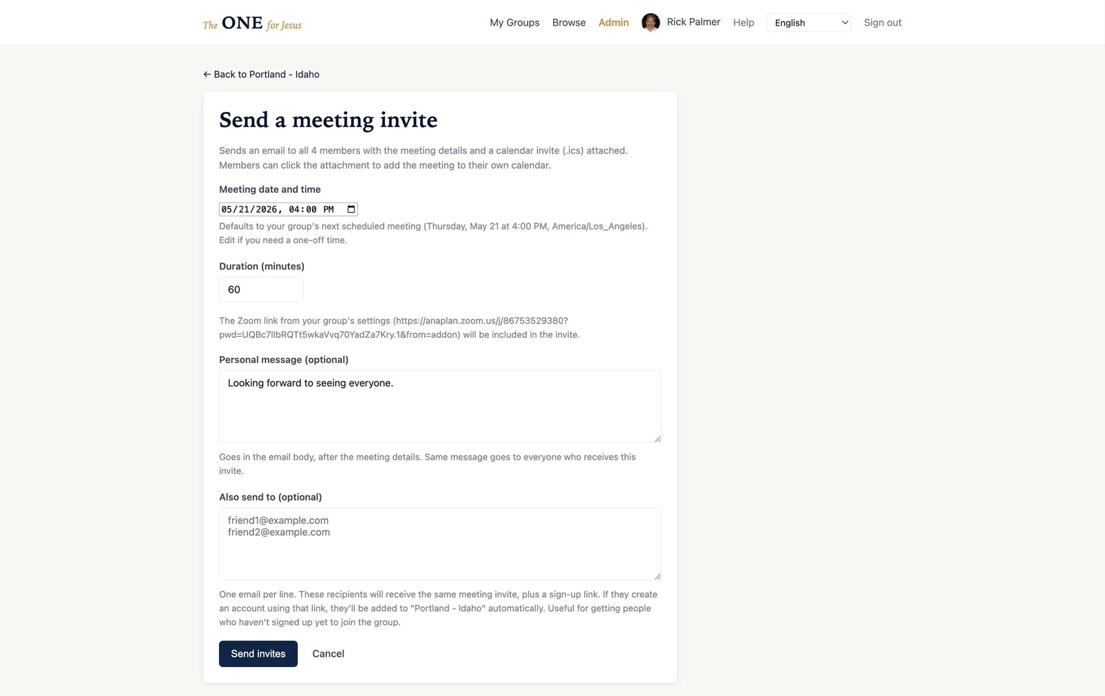 Send meeting invite form